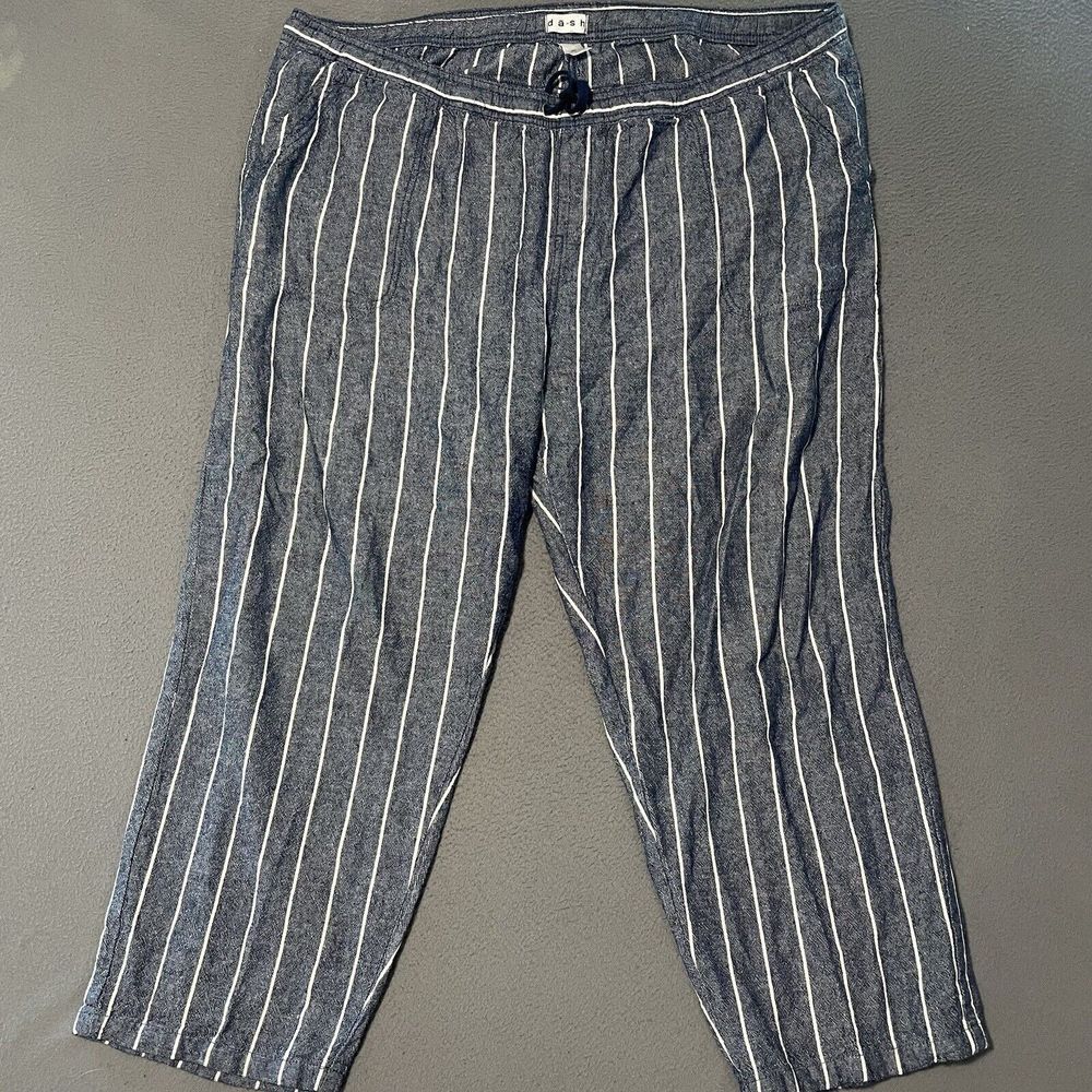 Dash Wide‎ Leg Pants Blue Striped Drawstring Linen Rayon Cropped Pull On Sz 2X